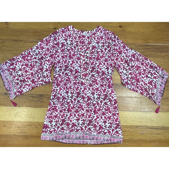 Soft Surroundings Womens Small Boho Tunic 100% Rayon Pink White V-Neck Tassels - Picture 5 of 12